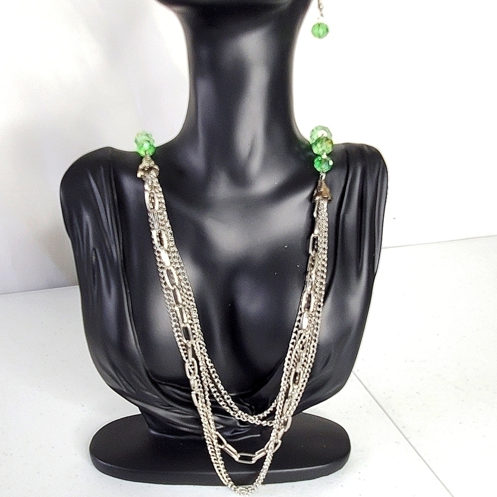 Layered‎ Silver-tone Chain Necklace with Green Beads and Matching Earrings